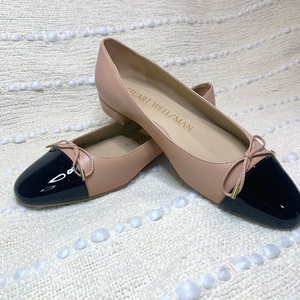 Stuart Weitzman Sleek Bow Leather Ballerina Flats Tan Womens Shoes Size 7.5B